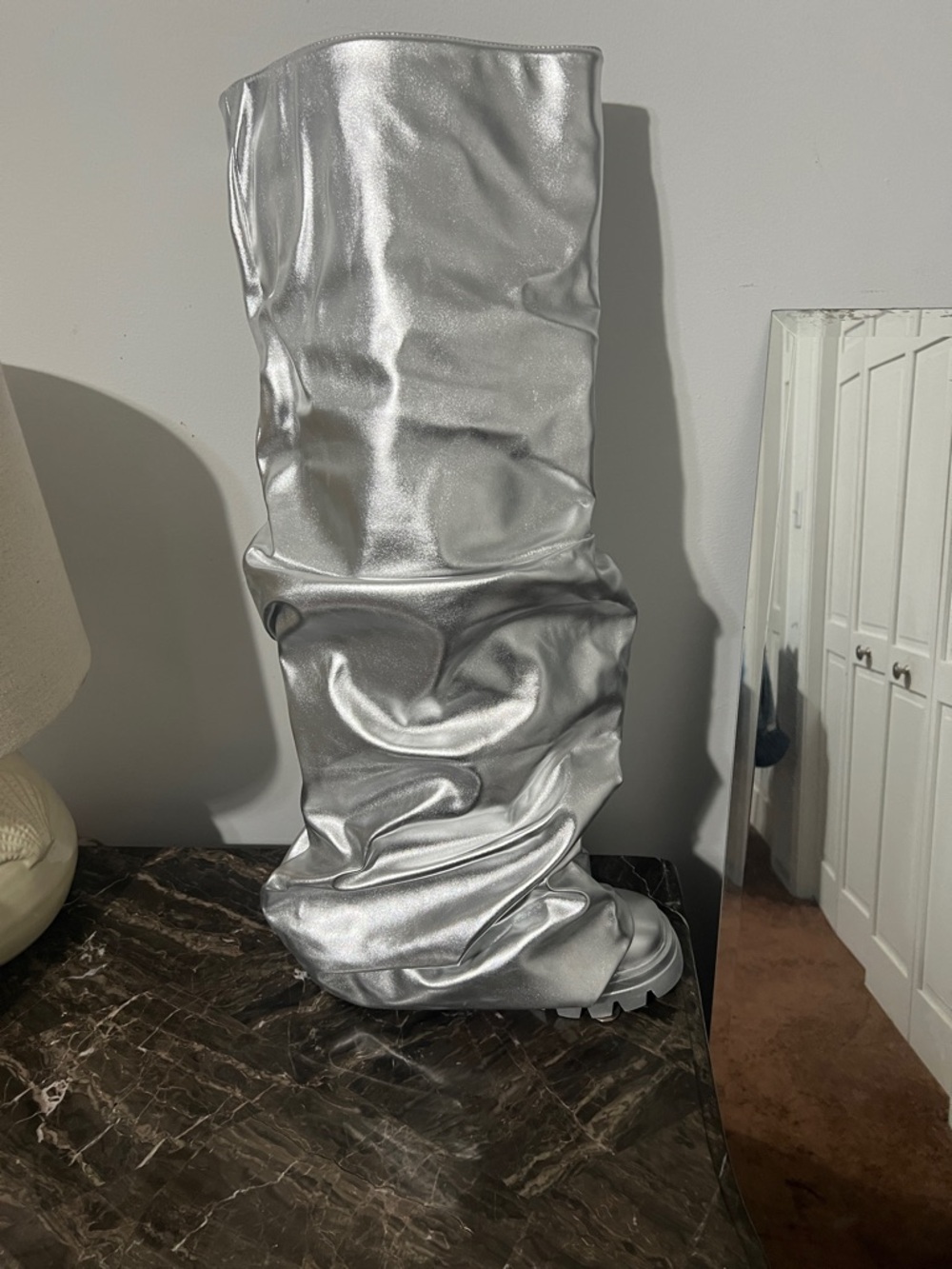 Silver Slouch over the knee Boot with Chunky Sole